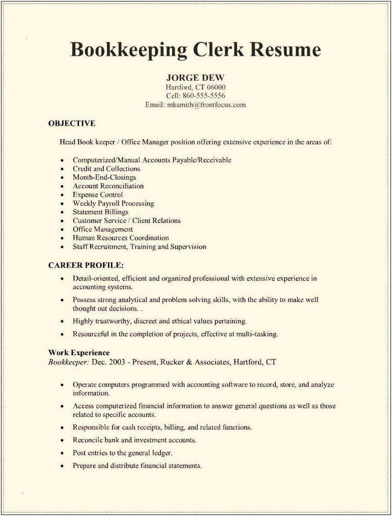 Bookkeeper Job Summary For Resume