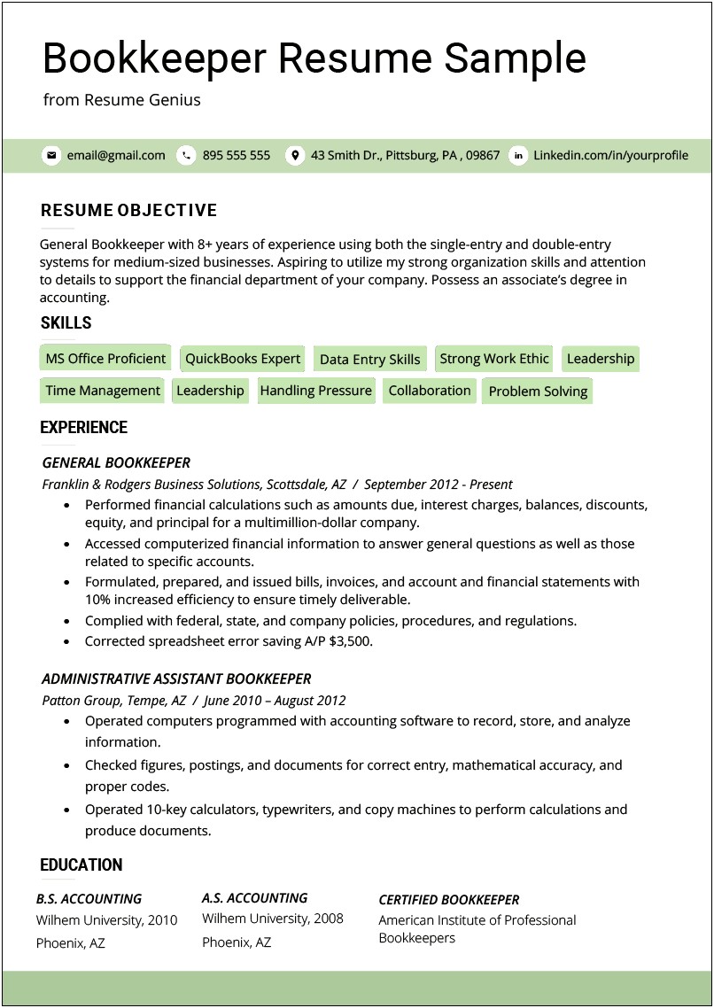 Bookkeeper Objective For A Resume