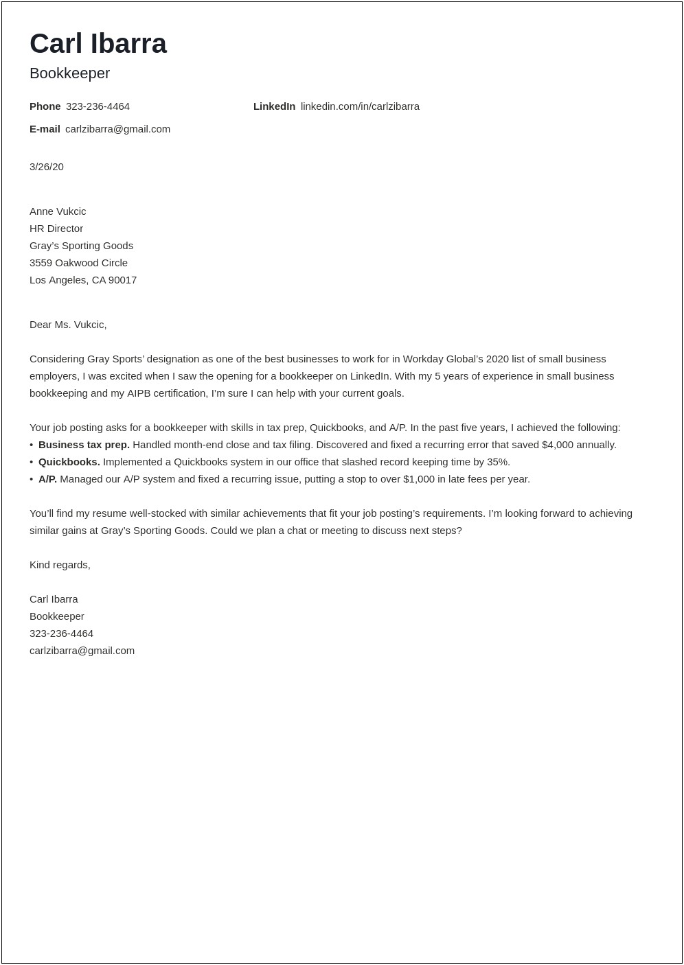 Bookkeeper Resume Cover Letter Example