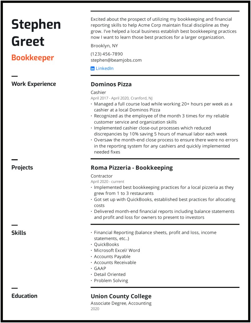 Bookkeeping And Accounting Experience Ideas For A Resume