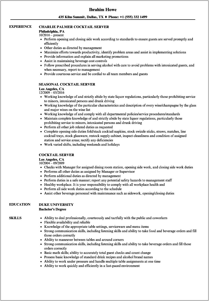 Bottle Girl Job Description For Resume
