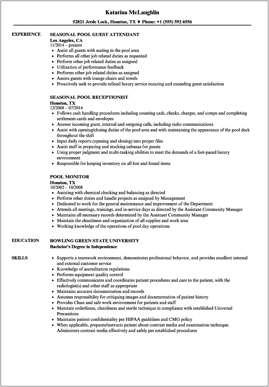 Bowling Alley Attendant Sample Resume