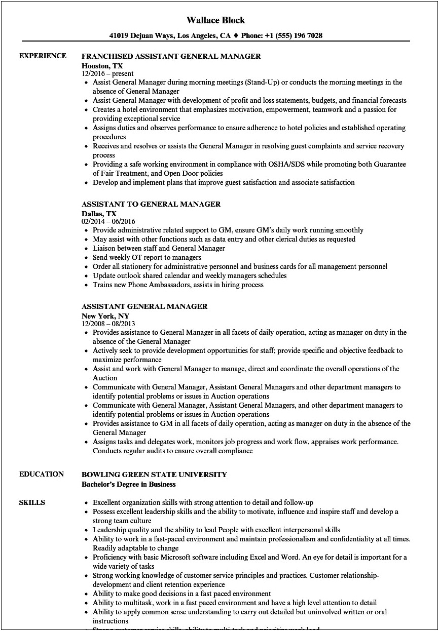 Bowling Alley Manager Job Description Resume
