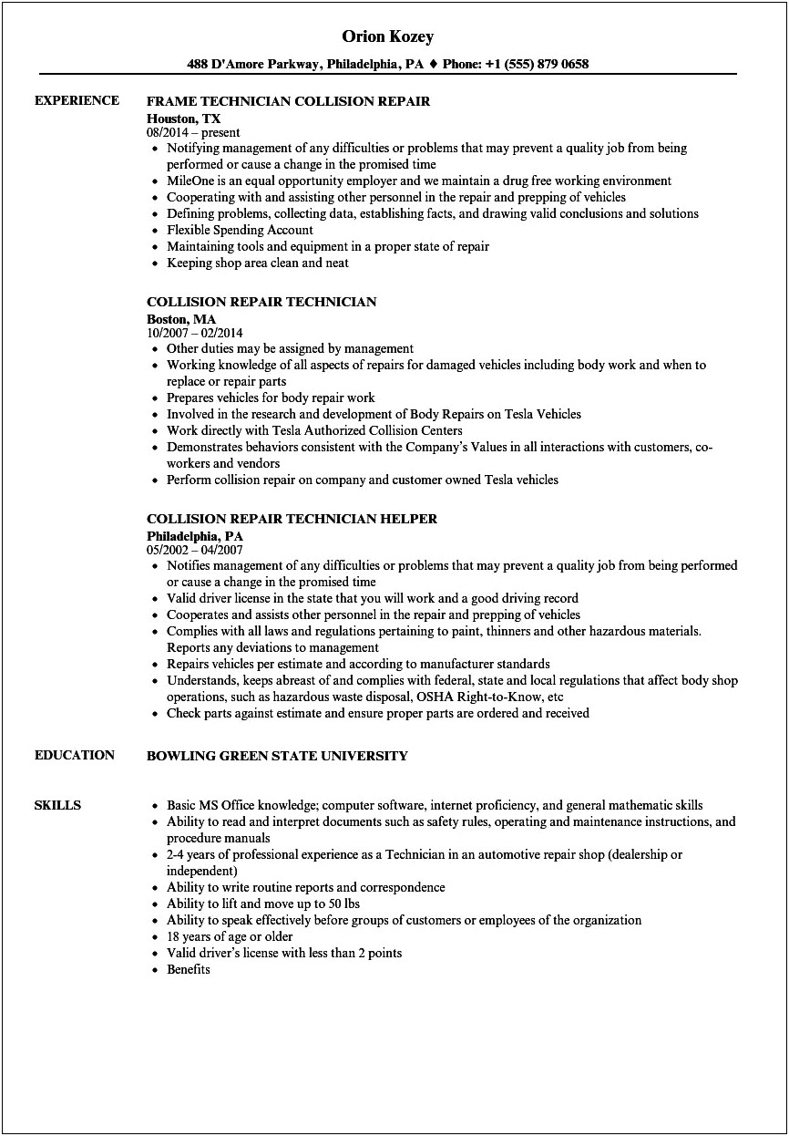 Bowling Mechanic Job Description Resume