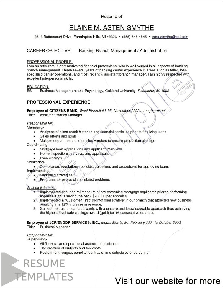 Branch Manager Resume Objective Examples