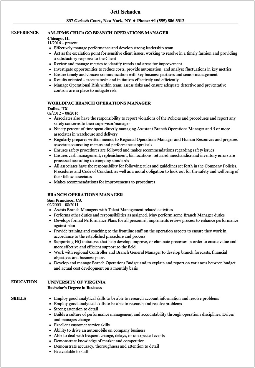Branch Operations Manager Resume Format