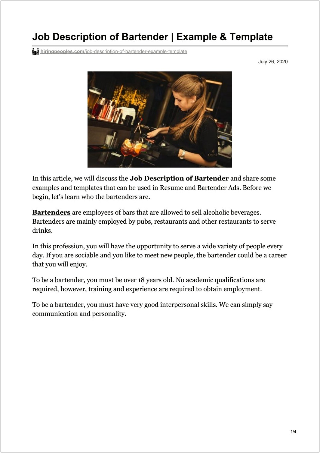 Brewery Bartender Job Description For Resume