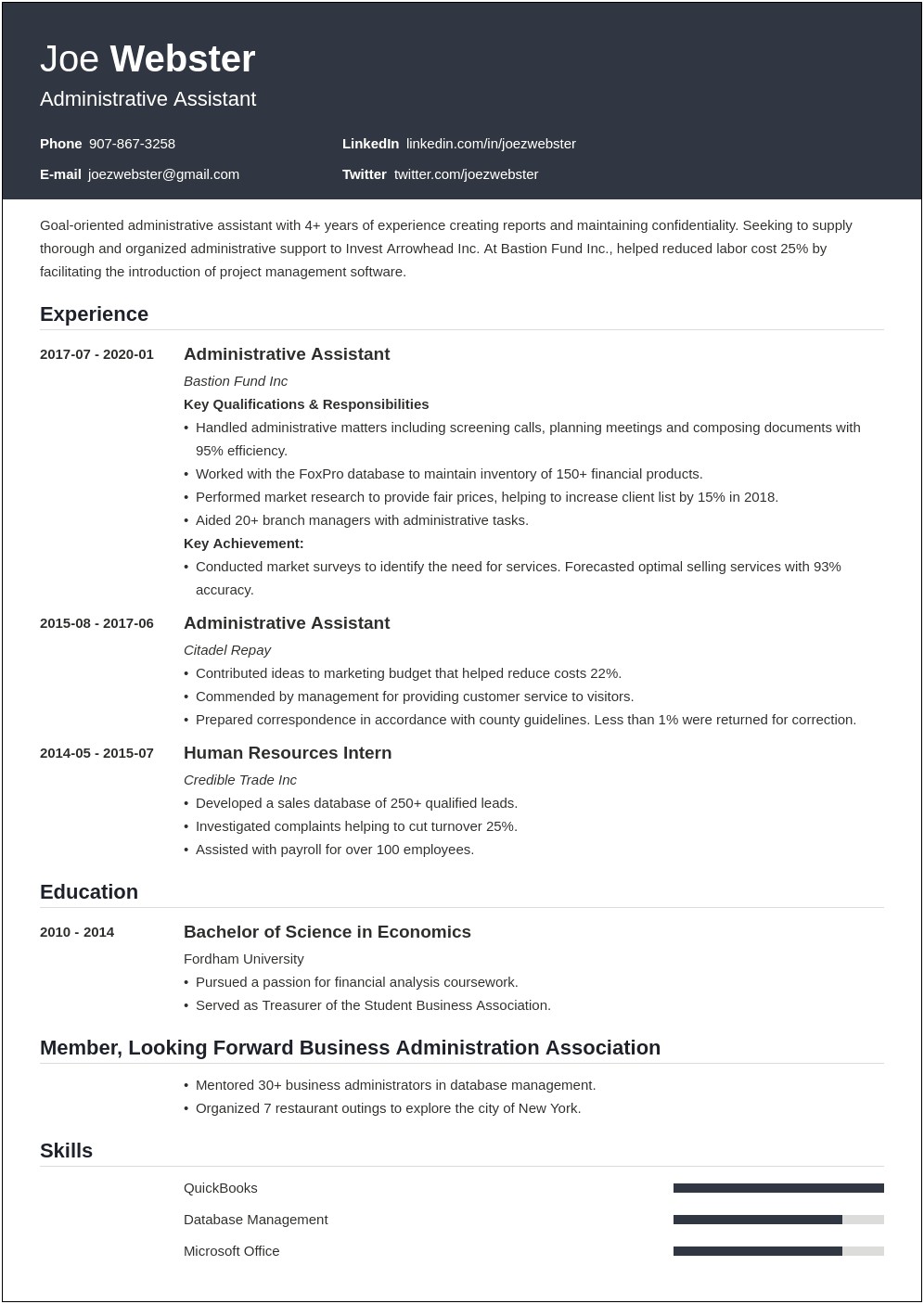 Brief Resume Intro For Business Management