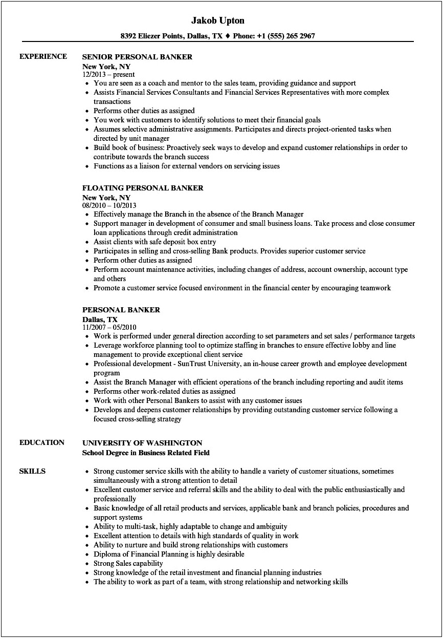 Brief Summary Of Personal Banker Resume