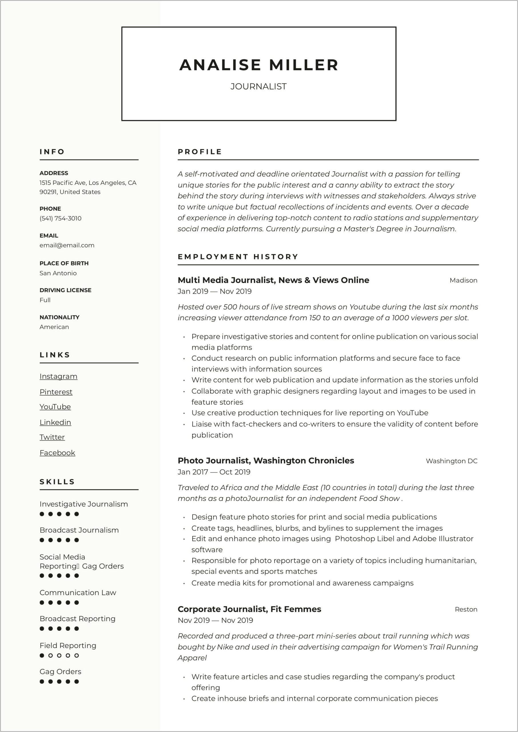 Broadcast Journalism Resume Objective Examples
