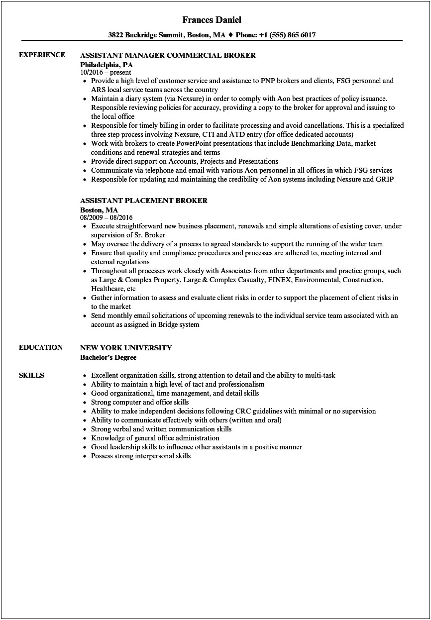 Broker Job Description For Resume