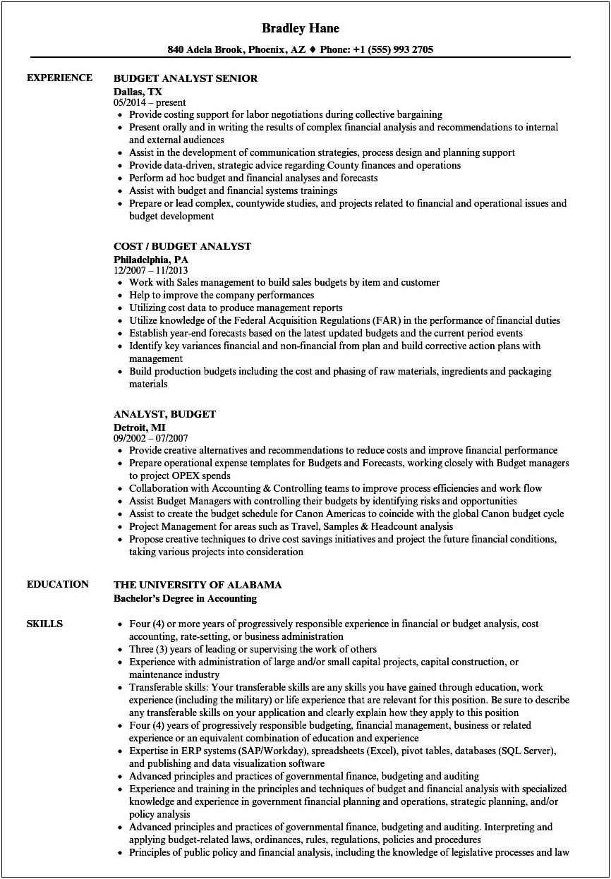 Budgeting And Expense Management Experience For Job Resume