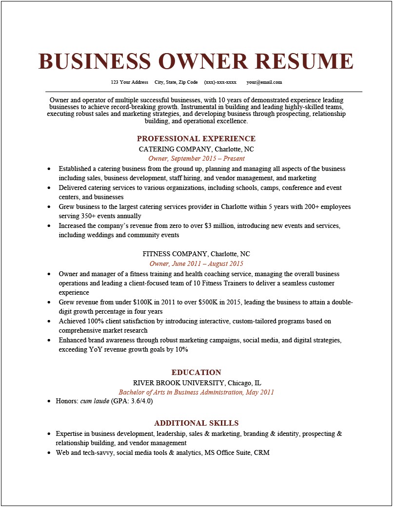 Buisness Owner Resume Skills Examples