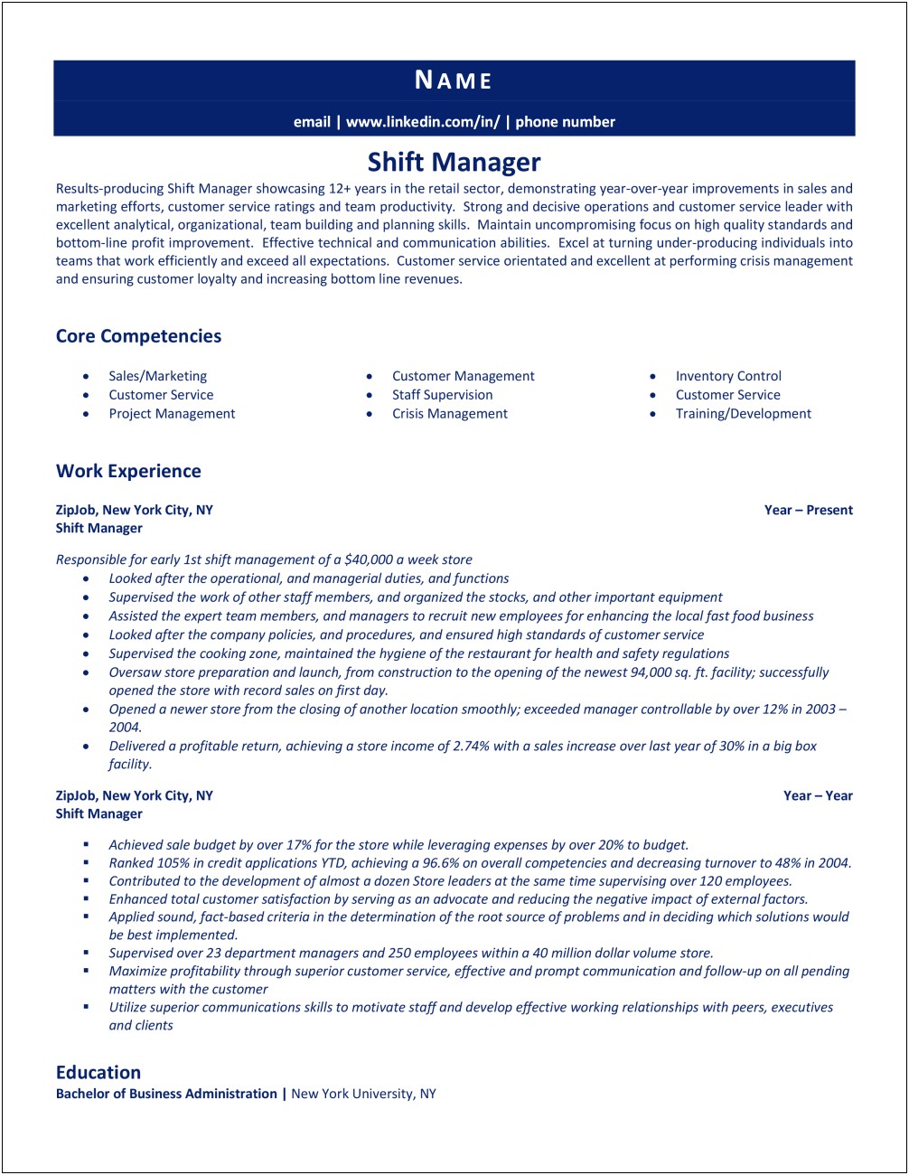 Bullet Points On Resume For Shift Manager