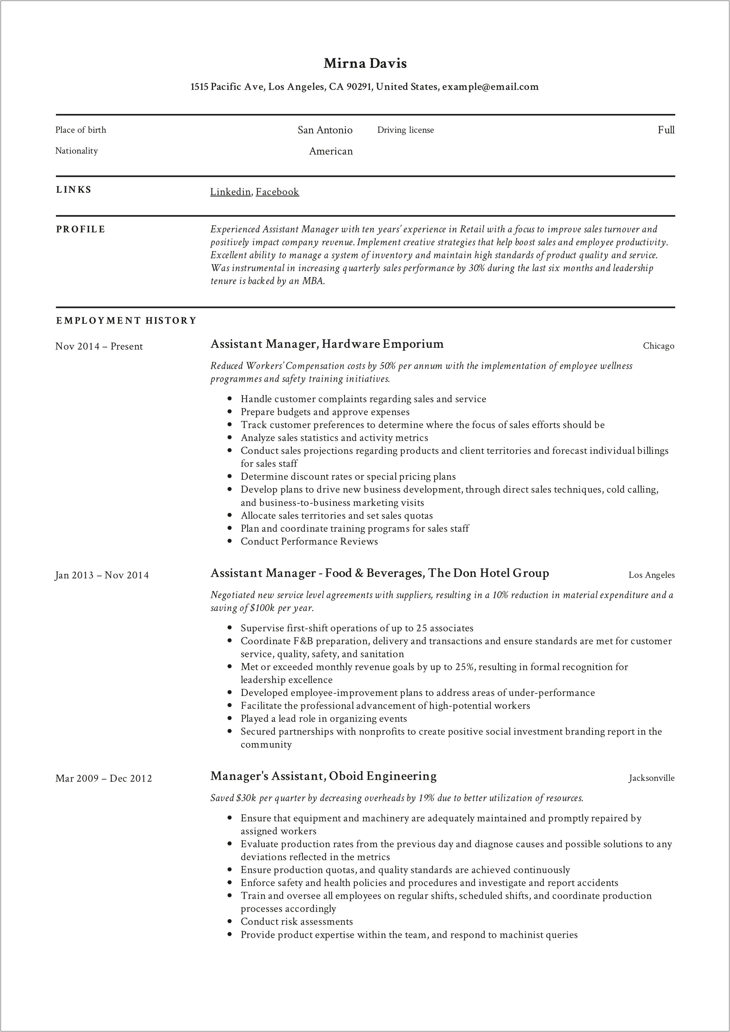 Bullets Points For Resume For Assistant Manager
