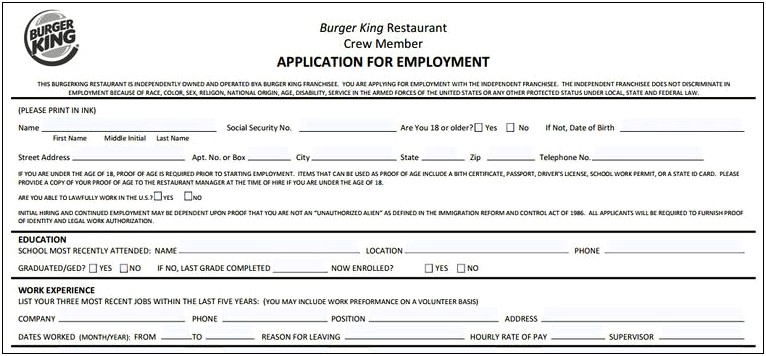 Burger King Job Description Resume