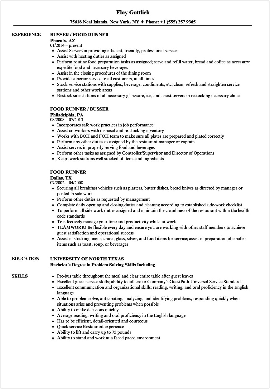 Busboy Experience Skills Section Resume