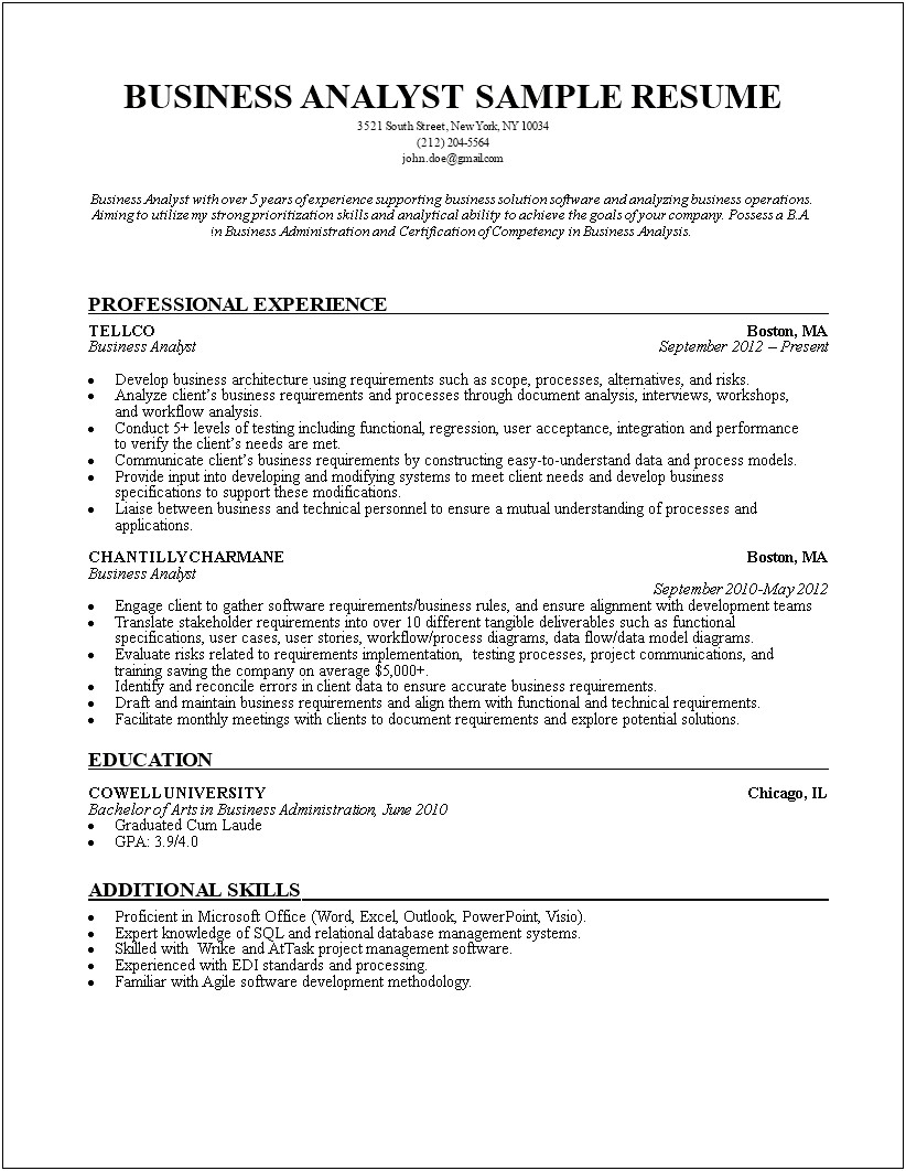 Busines System Analyst Resume Examples