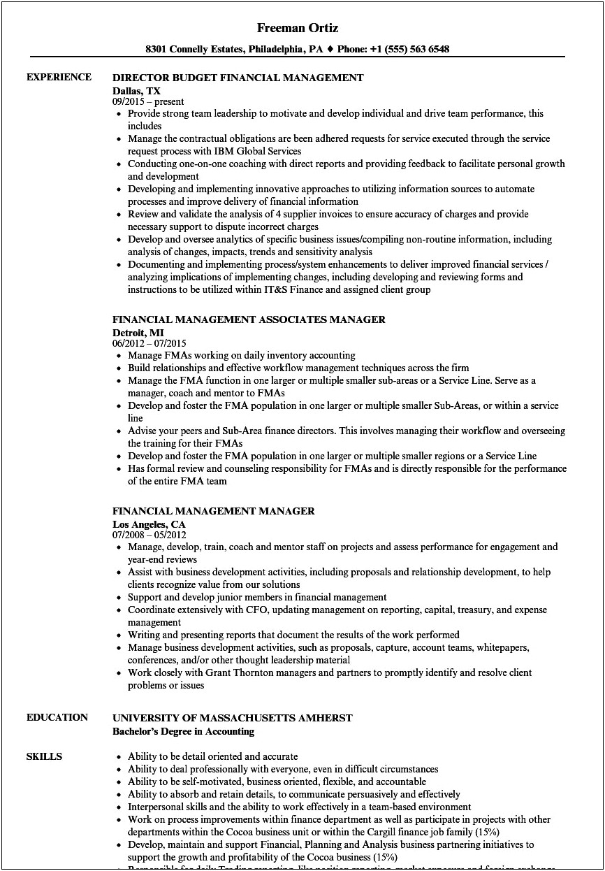 Business Administration Major In Financial Management Resume