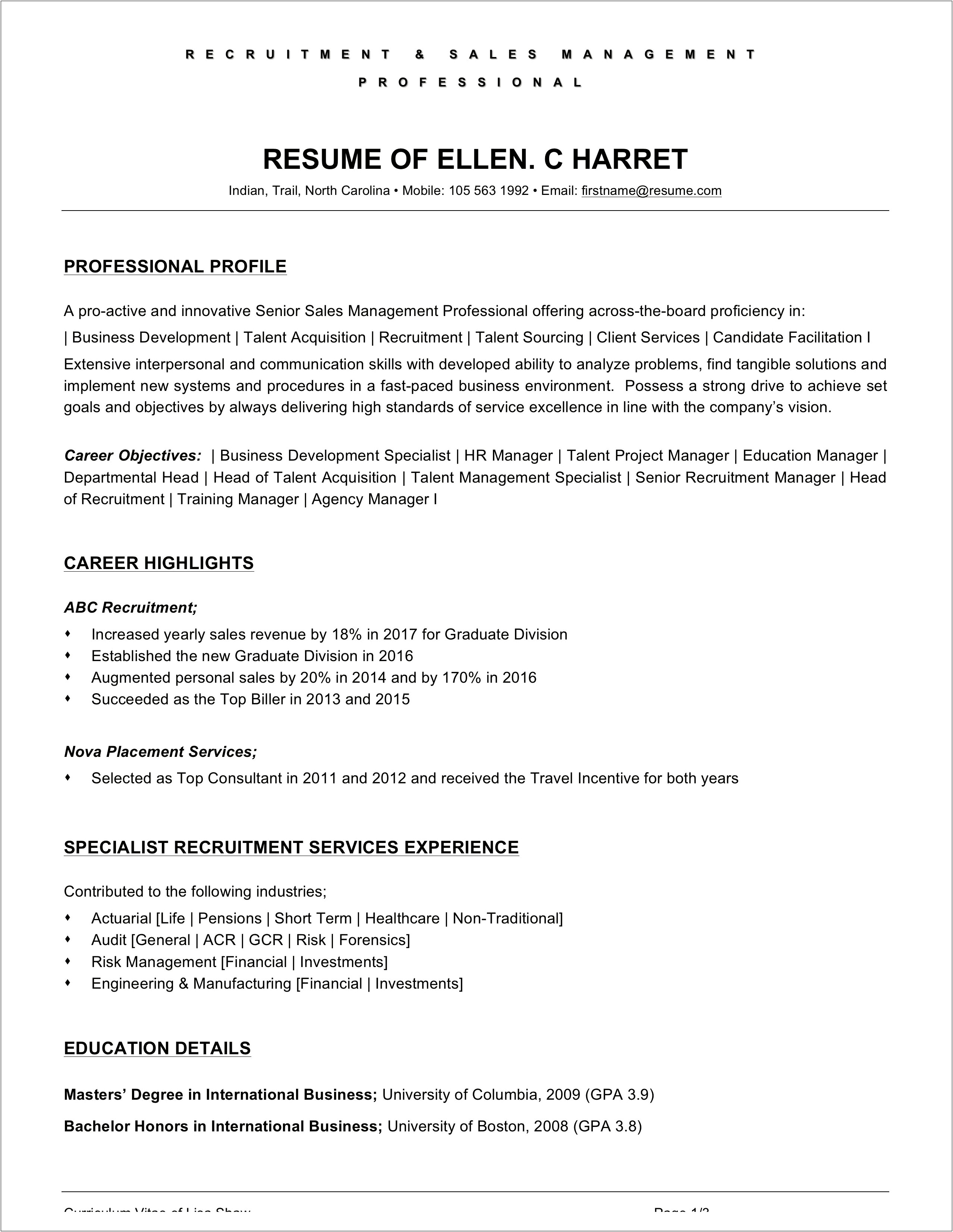 Business Administration Objective On Resume