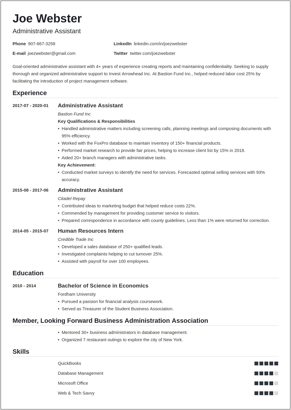 Business Administration Resume Skills Examples