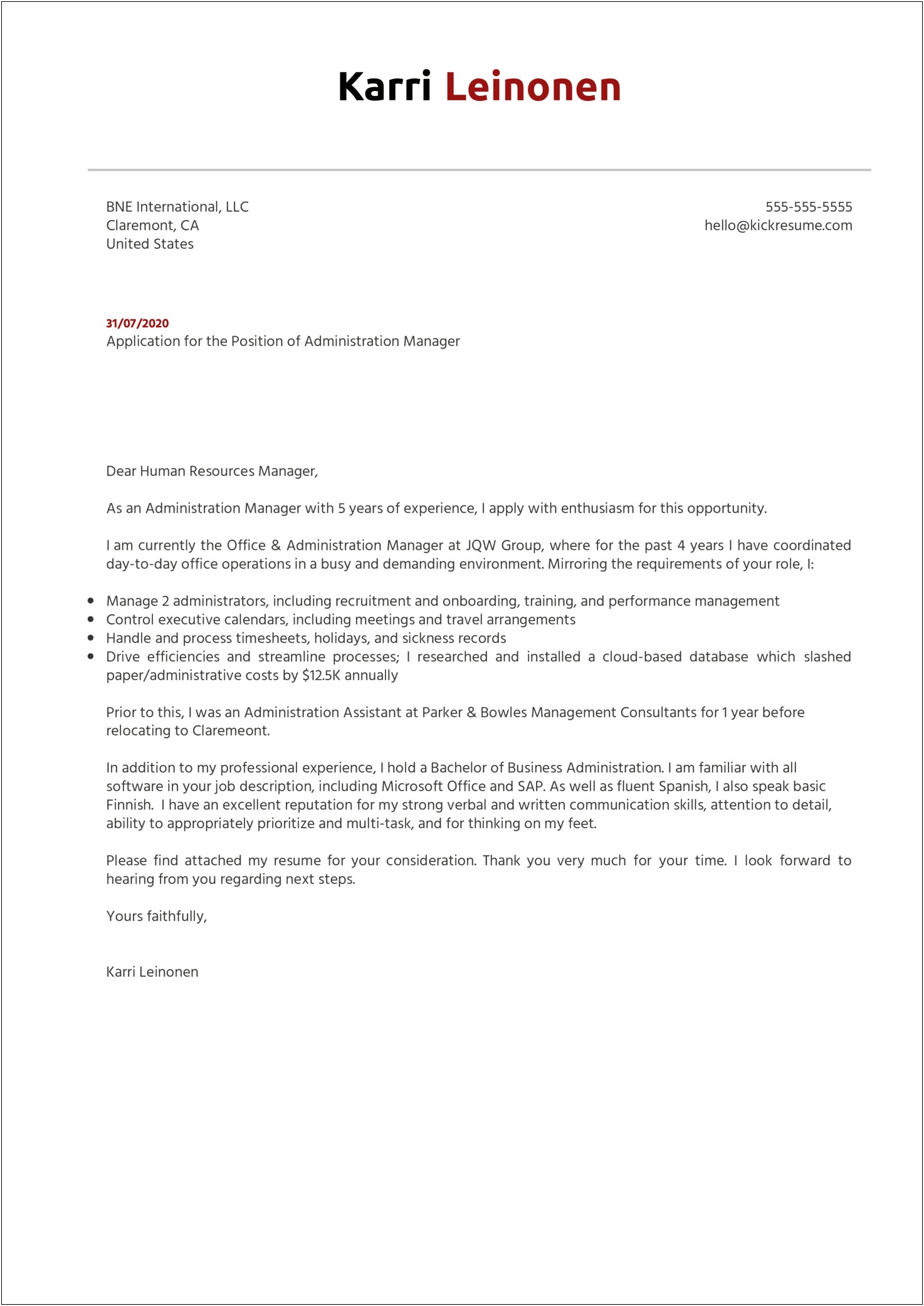 Business Administration Sample Cover Resume Letter