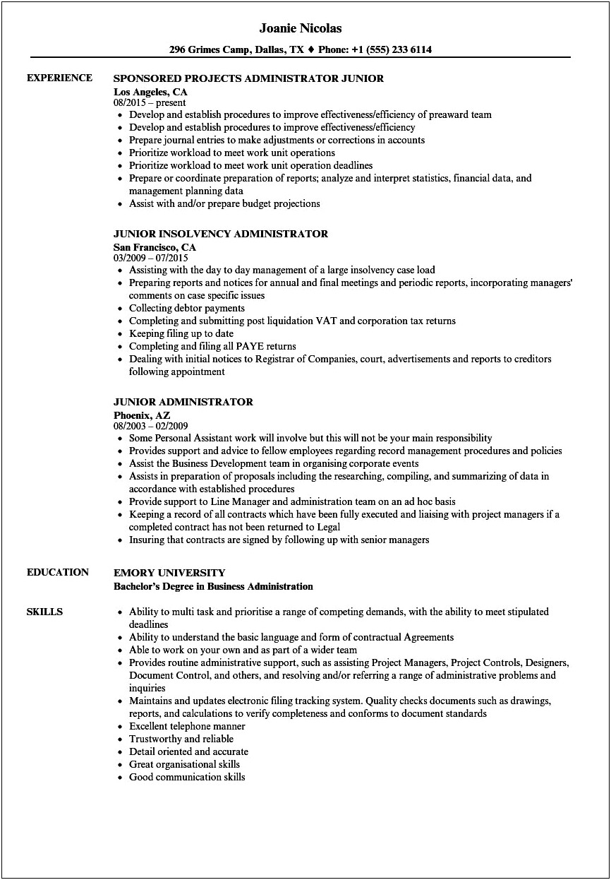 Business Administration Skills In Resume