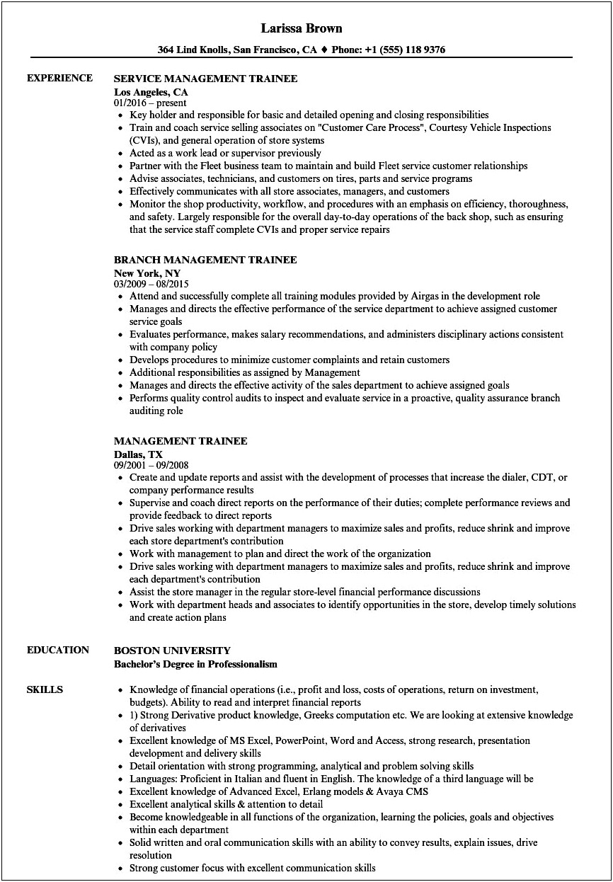 Business Administration Traineeship Resume Sample