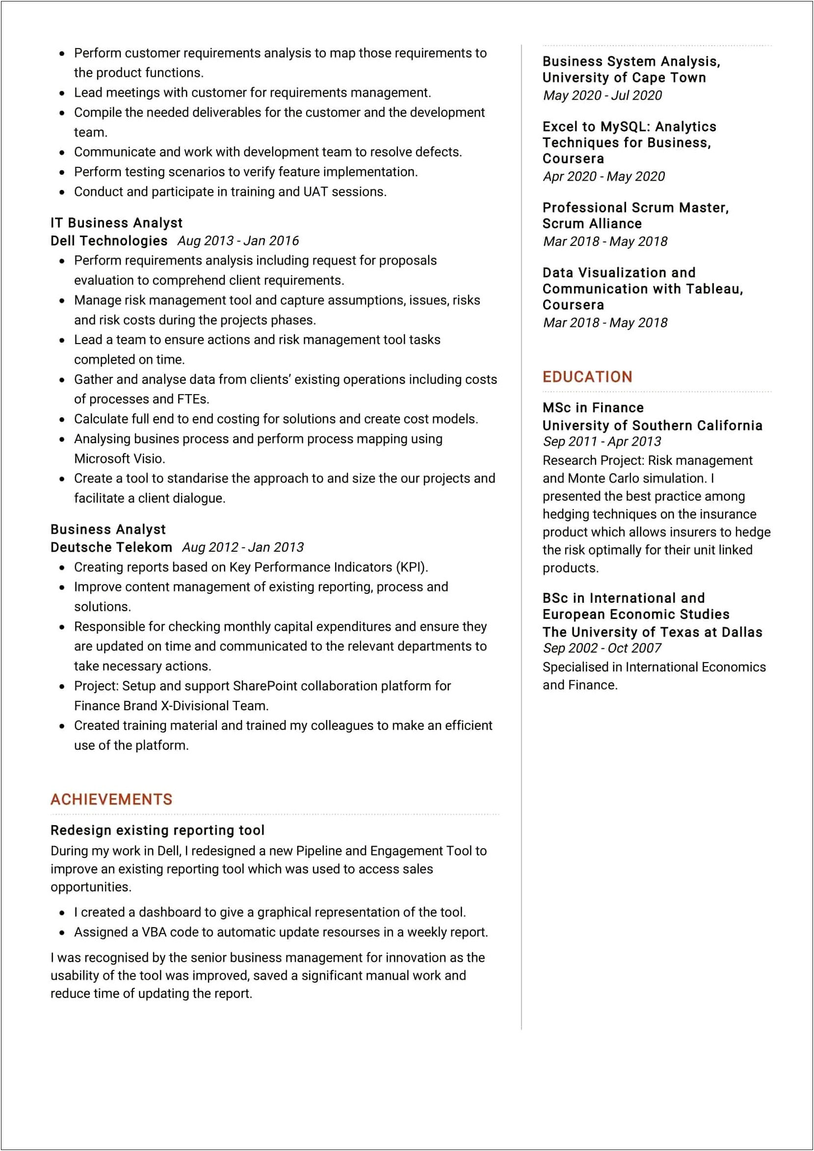 Business Analyst 2 Years Experience Resume
