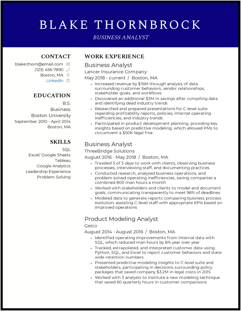 Business Analyst Amazon Sample Resume
