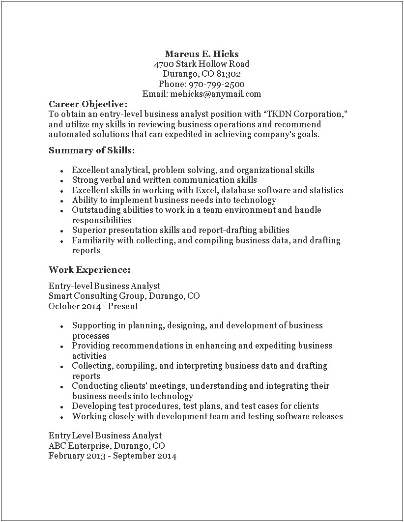 Business Analyst Career Objective Resume