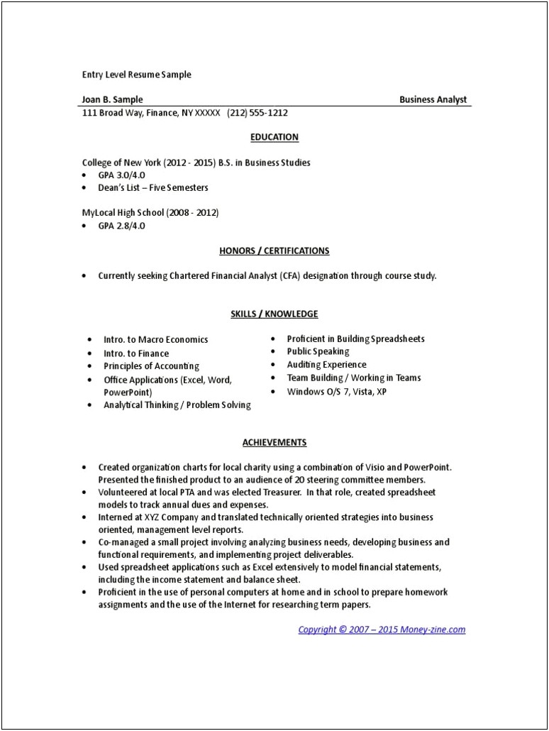 Business Analyst Entry Level Resume Examples
