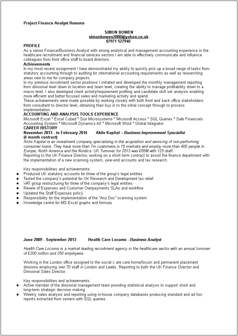 Business Analyst Healthcare Resume Sample