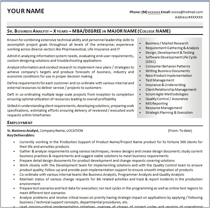 Business Analyst Insurance Sample Resume