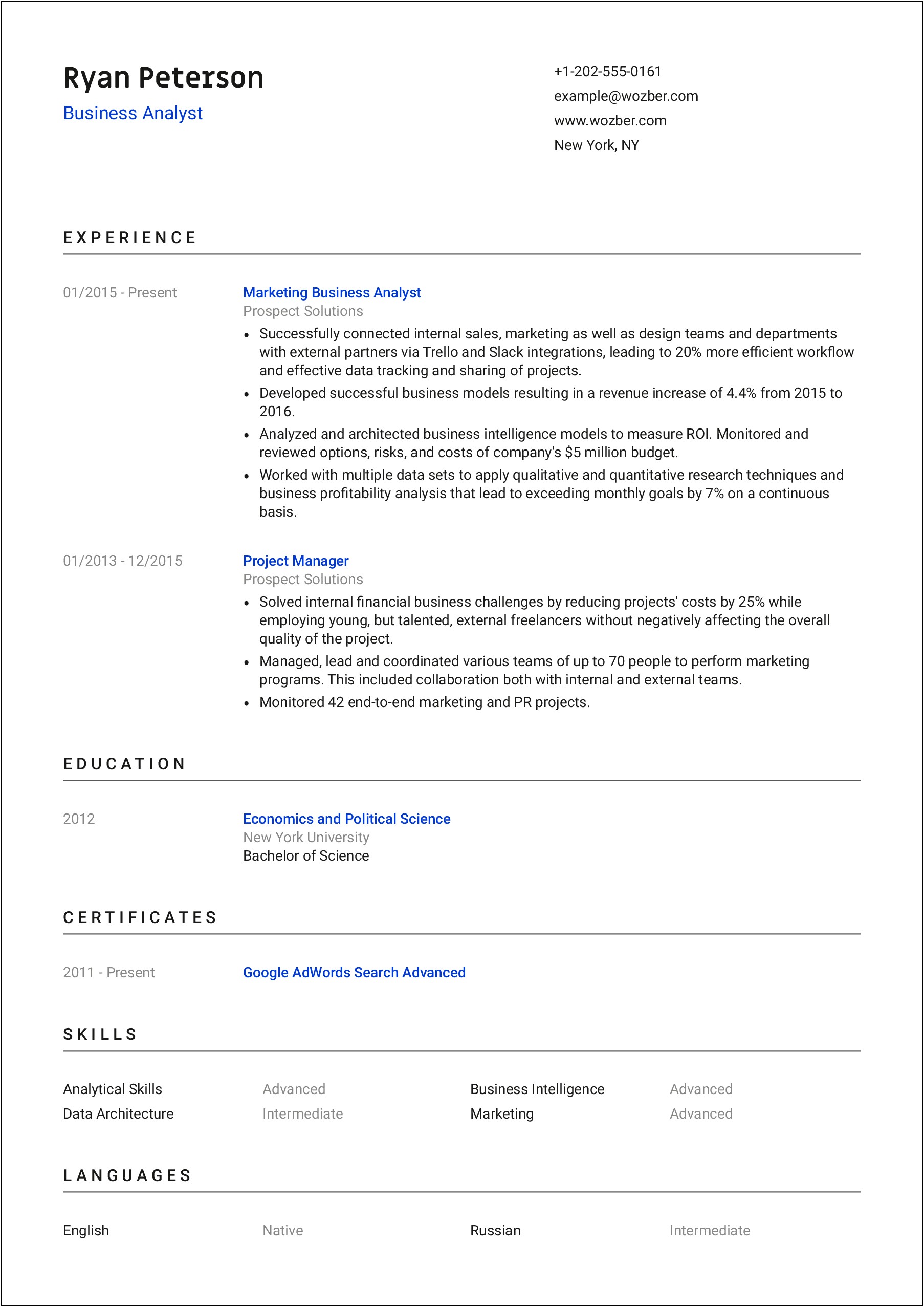 Business Analyst One Year Experience Resume