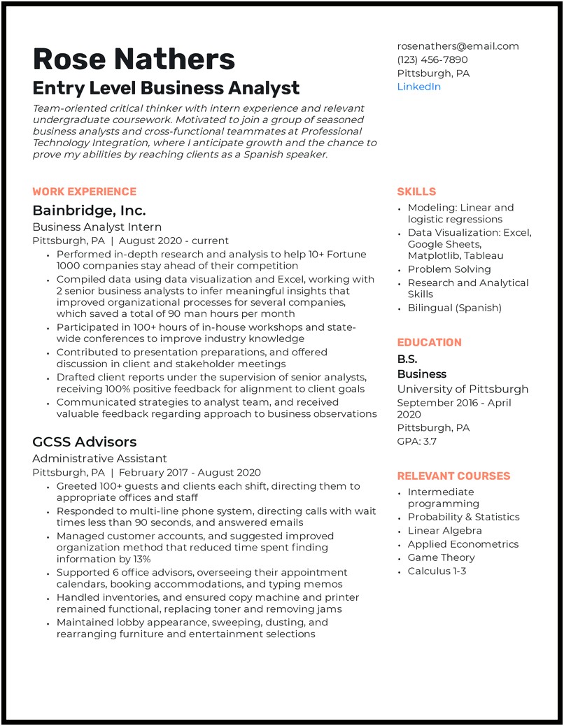 Business Analyst Position Resume Example