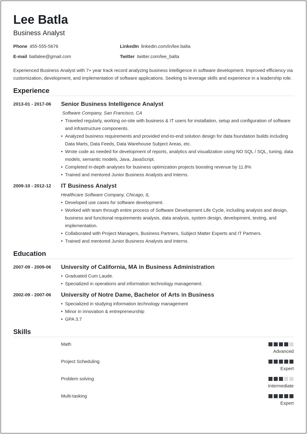 Business Analyst Product Manager Resume