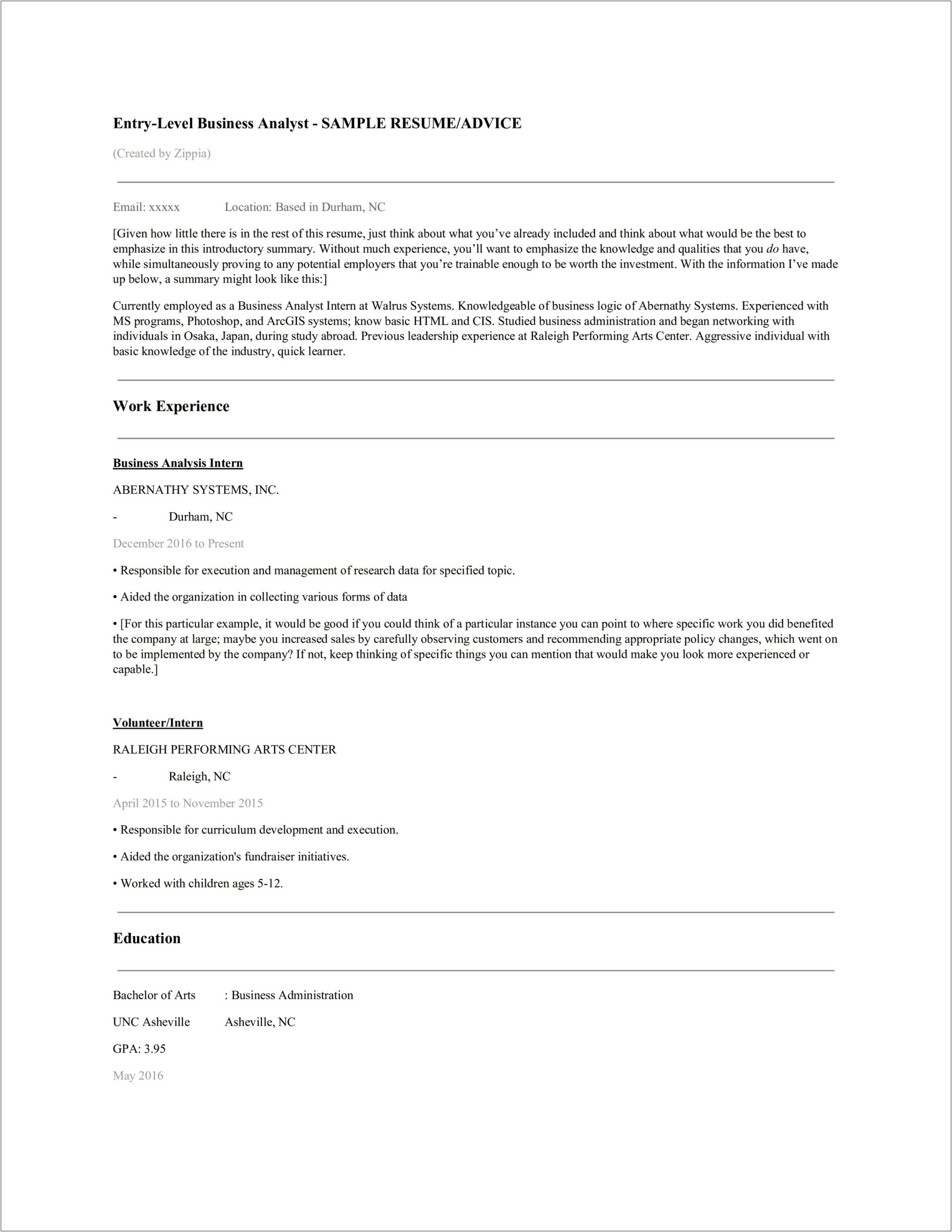 Business Analyst Resume Examples Entry Level