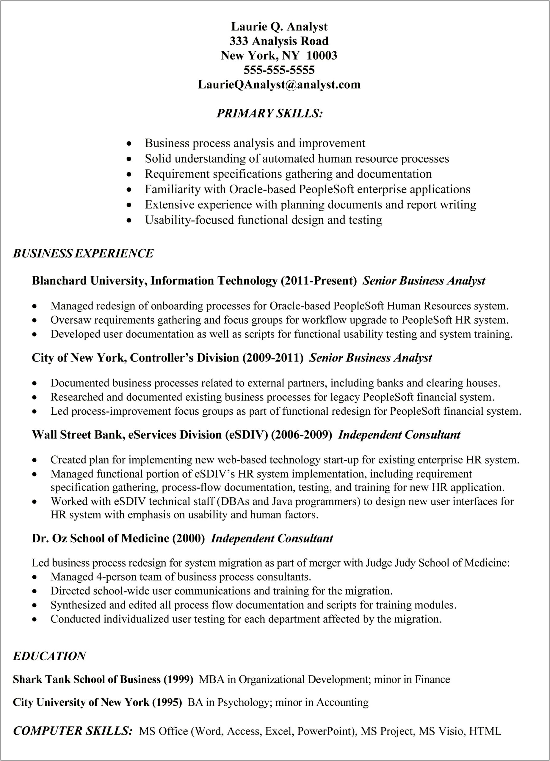 Business Analyst Resume Experience Examples