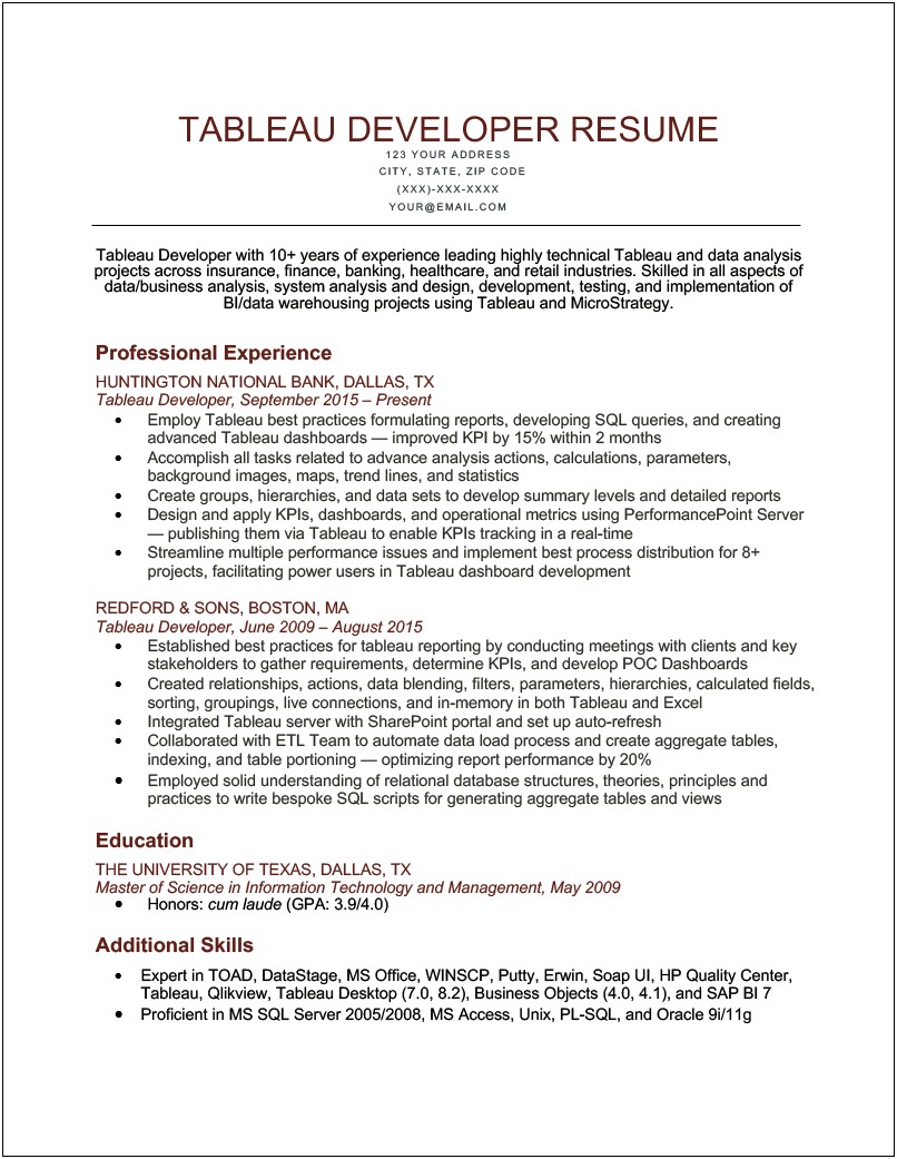Business Analyst Resume With Tableau Experience