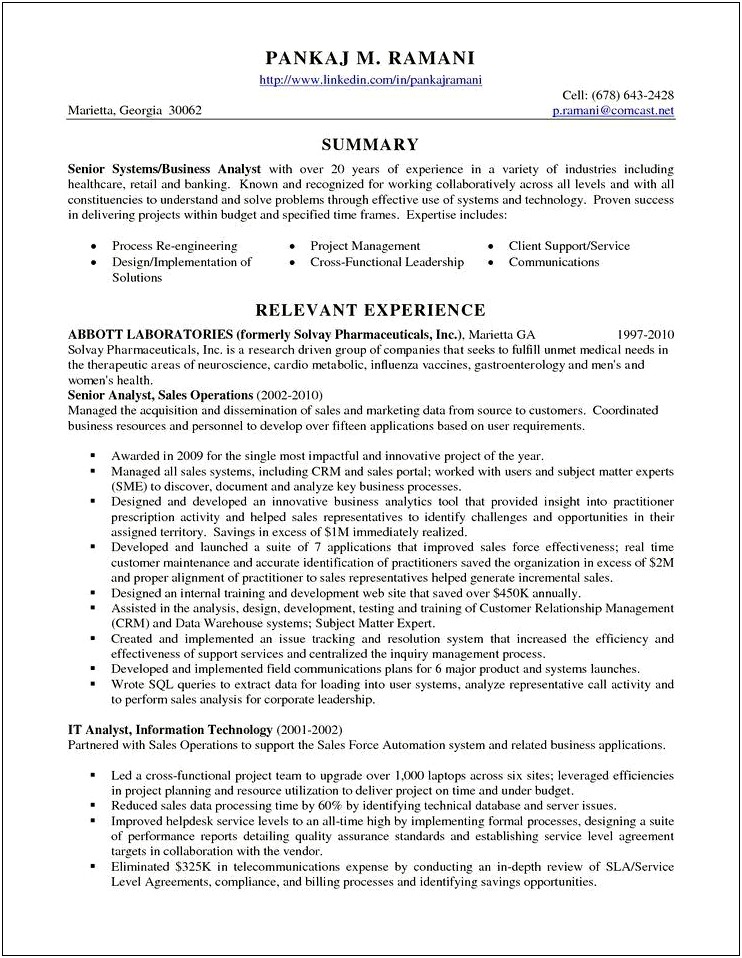 Business Analyst Sales Force Sample Resume