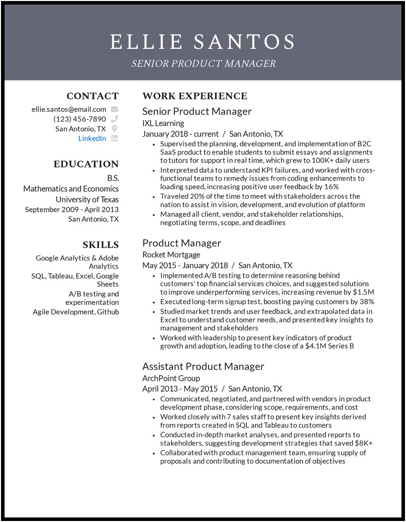 Business Analyst To Product Manager Resume