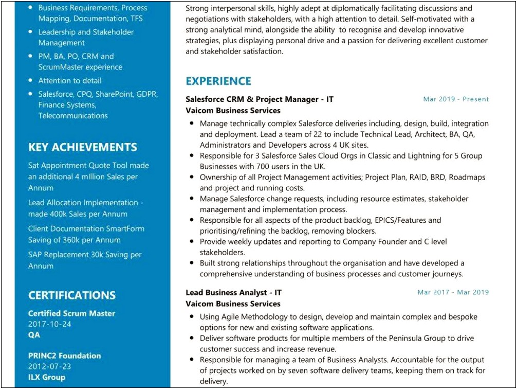 Business Analyst With Salesforce Experience Resume