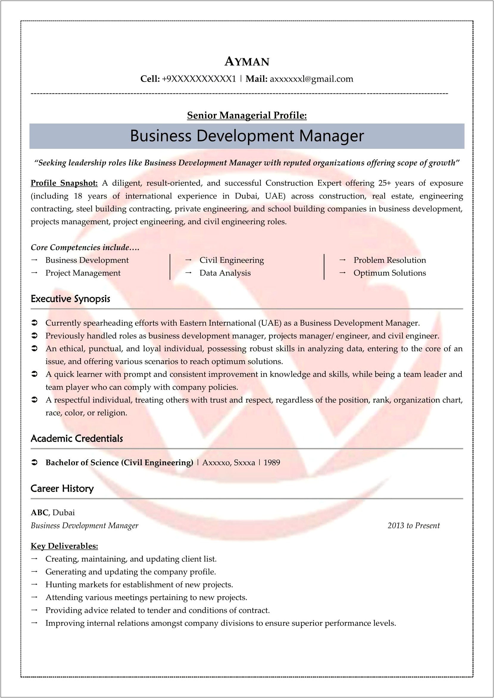 Business Development And Project Management Resume