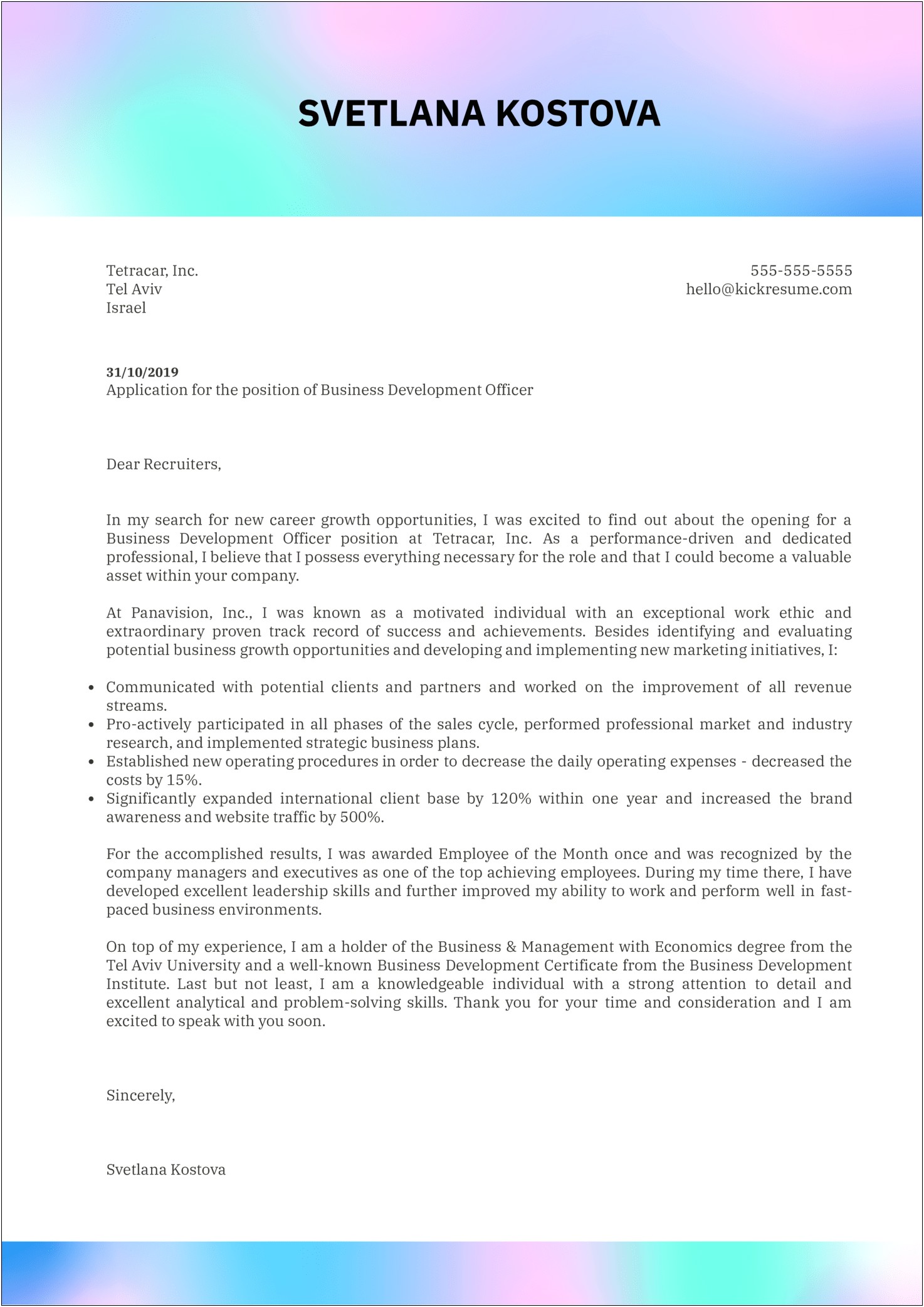 Business Development Cover Letter For Resume