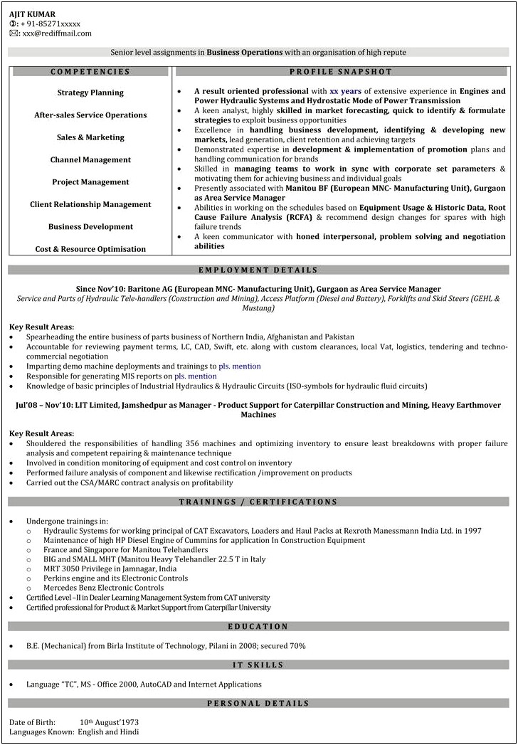 Business Development Engineer Sample Resume