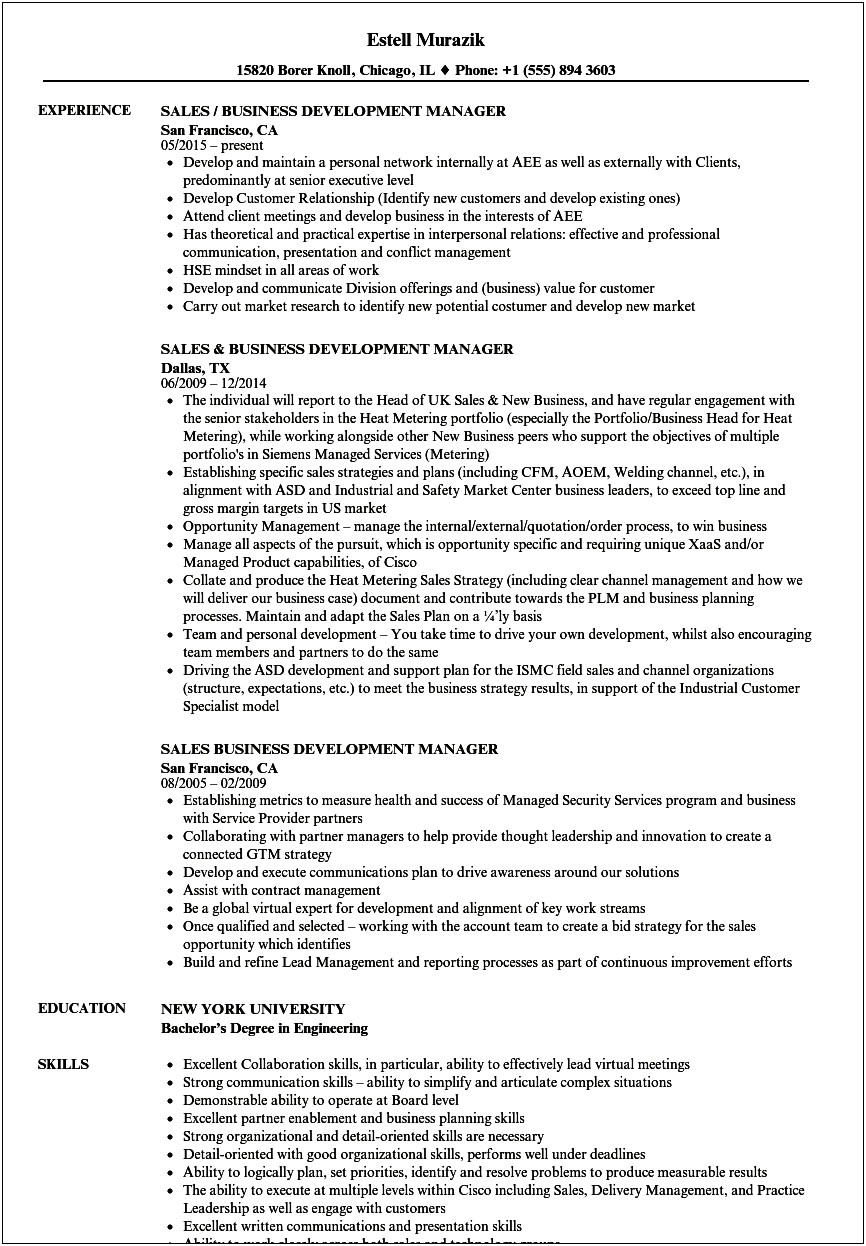 Business Development Manager Responsibilities Resume