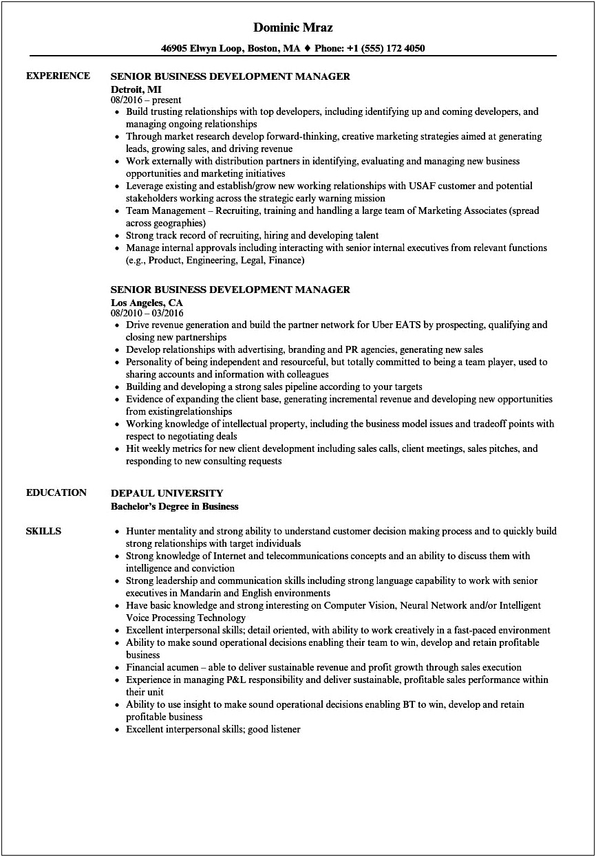 Business Development Manager Resume Free Download
