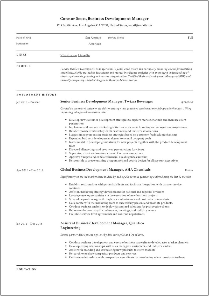 Business Development Manager Resume Summary