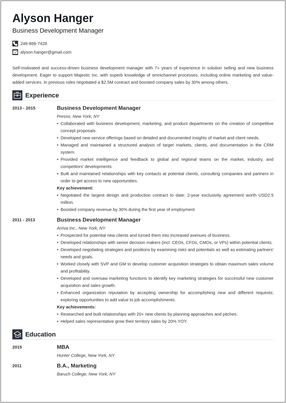 Business Development Manager Summary Resume